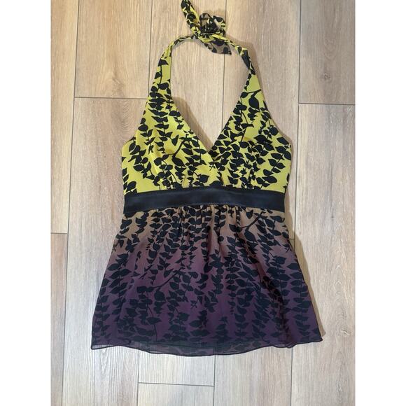Express Y2K Silk Halter Top Lime Green Purple Ombré Tropical Leaf Blouse Sz 10 - Picture 6 of 16